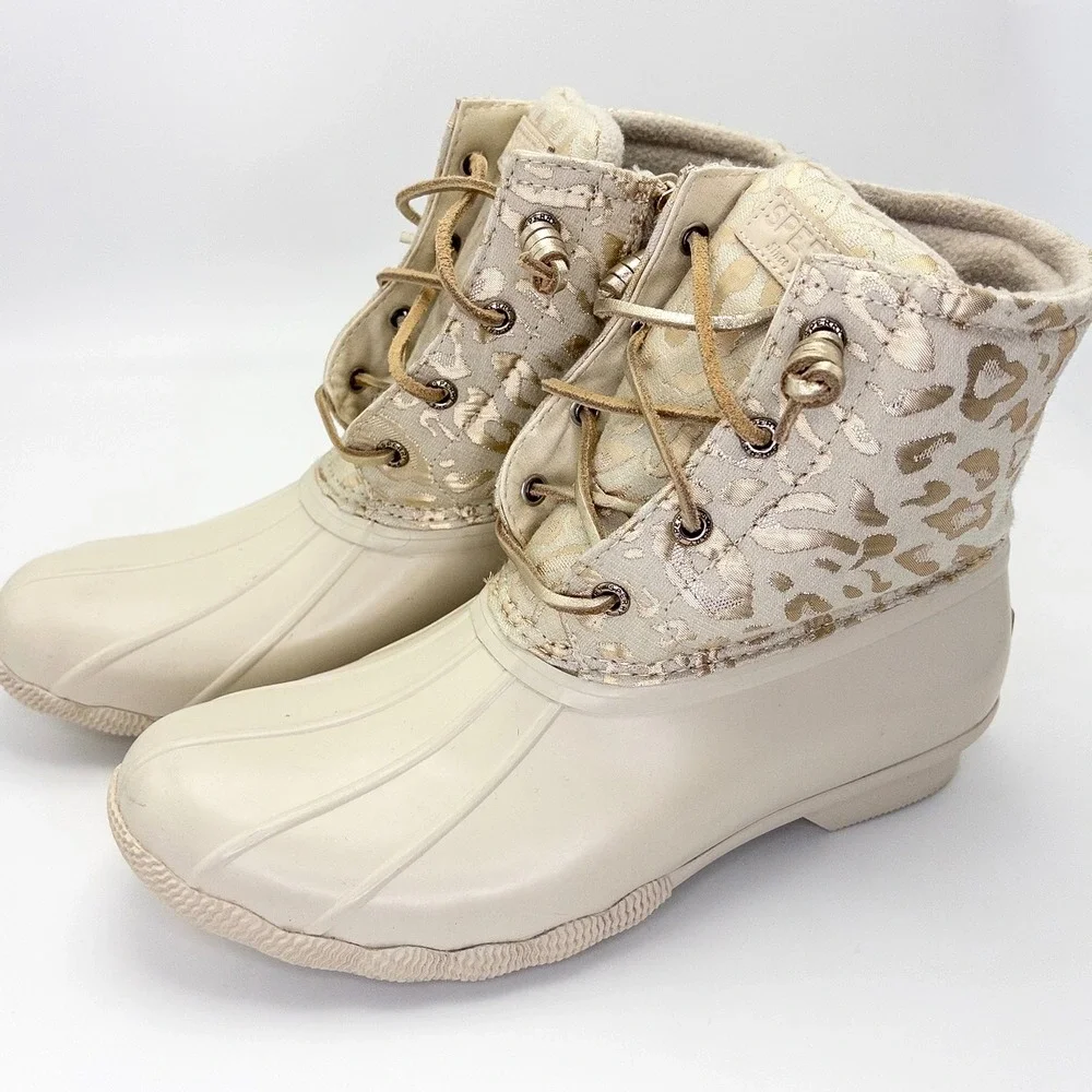 Sperry Saltwater Duck Boots Women's 8.5 Ivory Gold Metallic Leopard STS88315